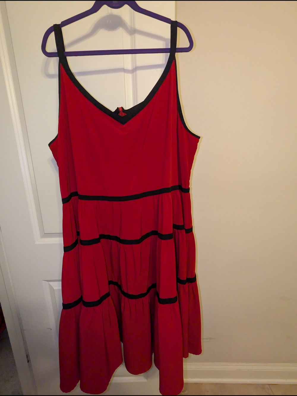 Tiered Red Midi Sundress with Black Trim